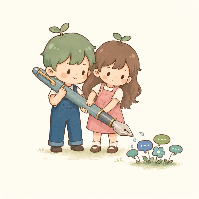 静原教育Jeongwon 品牌插画：学员共同书写，笔下生长出对话气泡与幼苗